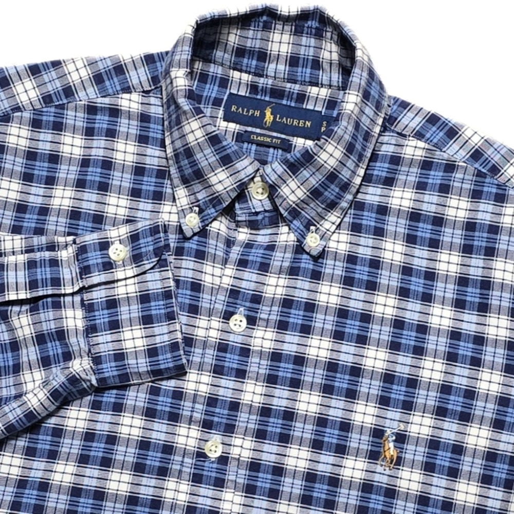 Ralph Lauren Oxford Shirt Mens Small Blue Plaid‎ Button Down Flesh Pony